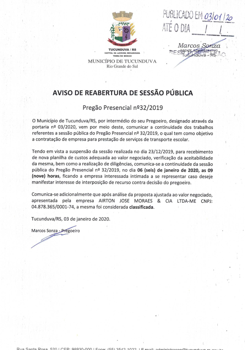 PP Nº 32/2019 AVISO DE REABERTURA DE SESSÃO PÚBLICA TRANSP ESCOLAR